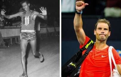 A black-and-white photo on the left shows a male runner finishing a race with arms raised. On the right, a color photo shows a male tennis player in a red shirt raising his fist, carrying sports gear over his shoulder.
