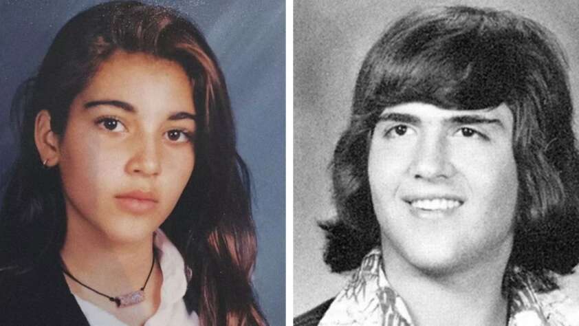 Side-by-side portraits of two young people. On the left, a girl with long brown hair and a neutral expression. On the right, a boy with medium-length dark hair, smiling in a black-and-white photo.