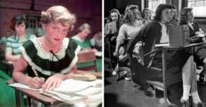 Two vintage classroom scenes: Left, a girl in a black and white dress writes at her desk, looking at the camera. Right, several girls in 1940s-style clothing sit at desks, some writing, in a classroom setting.