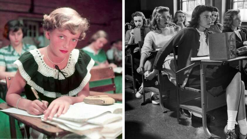 Two vintage classroom scenes: Left, a girl in a black and white dress writes at her desk, looking at the camera. Right, several girls in 1940s-style clothing sit at desks, some writing, in a classroom setting.