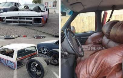 A heavily modified car sits extremely low to the ground with its chassis exposed; the interior features a couch repurposed as a seat, replacing traditional car seats.