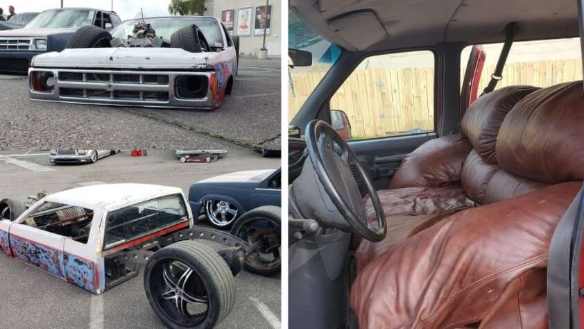 A heavily modified car sits extremely low to the ground with its chassis exposed; the interior features a couch repurposed as a seat, replacing traditional car seats.