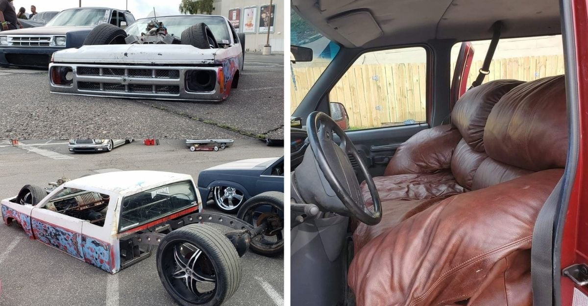 A heavily modified car sits extremely low to the ground with its chassis exposed; the interior features a couch repurposed as a seat, replacing traditional car seats.