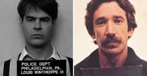 A split image showing two men holding police department placards for mugshots. The left man has short dark hair and a serious expression. The right man has a mustache, lighter hair, and also looks serious.