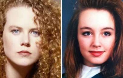 Side-by-side portraits of two young women: the left has long, curly blonde hair and a serious expression, while the right has long, straight brown hair and is smiling slightly with a soft expression.