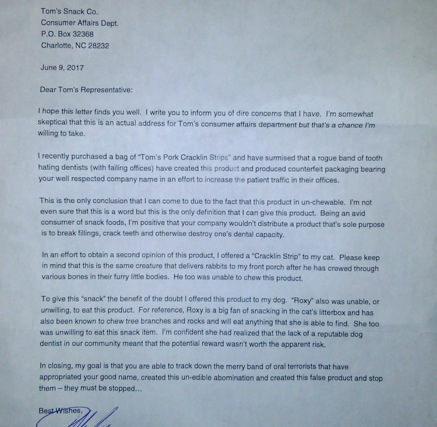 A typed letter to Tom's Snack Co. describing an experience with a product containing "drackin strips" and humorously detailing a cat named "Roxy" who loves them, ending with a call to stop the product's production.