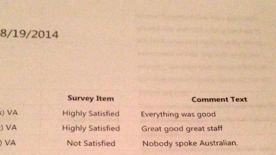 A survey from 8/19/2014 shows responses: "Highly Satisfied" with comments "Everything was good" and "Great good great staff," and "Not Satisfied" with the comment "Nobody spoke Australian.