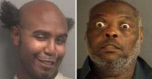 Two mugshots side by side: On the left, a man with a bald head, tufts of hair sticking out on the sides, and a smirk. On the right, a man with wide eyes and a gray beard looking surprised.