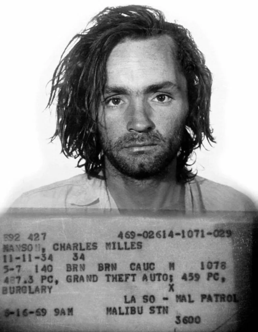Black-and-white mugshot of a disheveled man with shoulder-length hair. He looks directly at the camera. Below the photo is a booking card with personal details and charges, including burglary and grand theft auto.