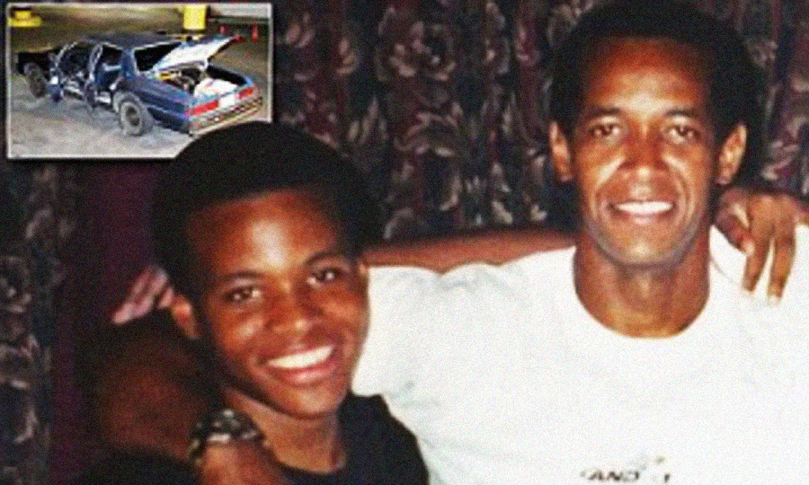 A smiling teenage boy and an adult man stand with their arms around each other. In the top left corner is an inset of a car with its trunk open, parked in a lot at night.