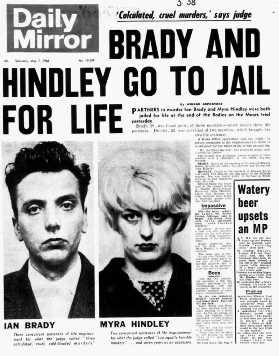 A black-and-white 1966 Daily Mirror newspaper front page with headline: "Brady and Hindley go to jail for life." Below are mugshots of Ian Brady and Myra Hindley, and articles about their sentencing.