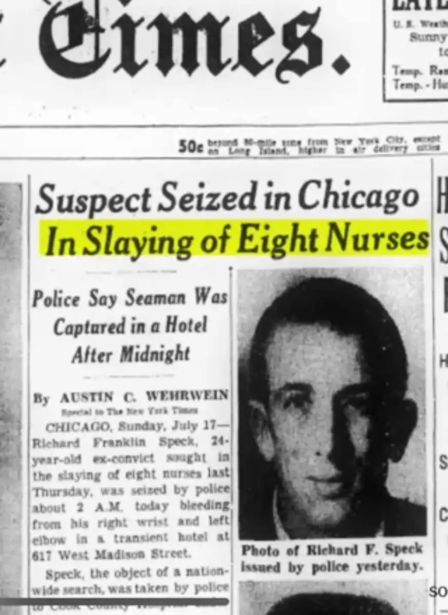 A black-and-white newspaper clipping with the headline "Suspect Seized in Chicago In Slaying of Eight Nurses," featuring a photo of Richard F. Speck and an article detailing his arrest.