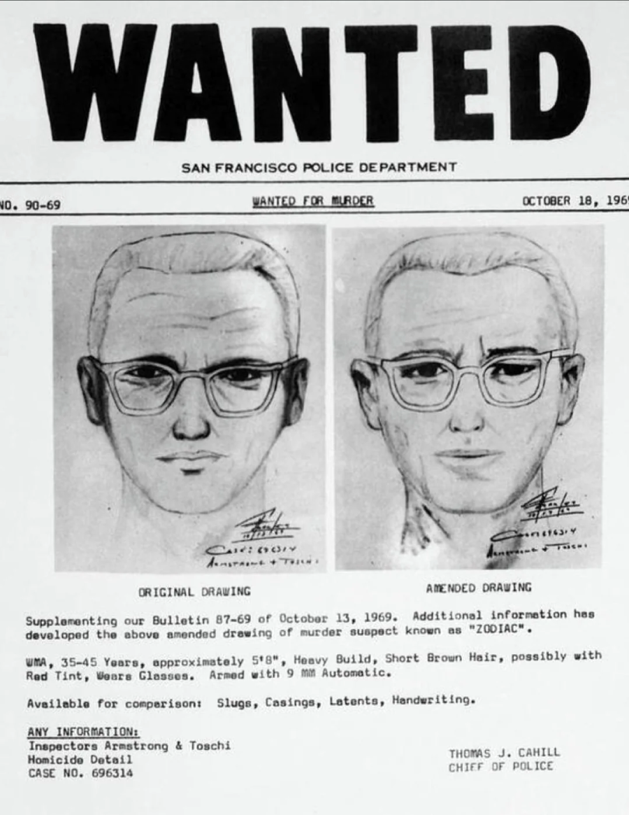 A San Francisco Police Department “WANTED” poster from 1969 shows two composite sketches labeled “Original Drawing” and “Amended Drawing” of a male suspect with glasses. Text provides case details and contact information.