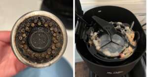 Side-by-side images: left shows a close-up of a grimy, clogged coffee machine part; right shows a coffee maker filled with moldy residue and old coffee grounds.