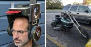 Split image: Left, a man wears a homemade hat made from old CDs, speakers, and electronics. Right, a motorcycle made from a modified green riding lawn mower parked in a lot next to a silver SUV.