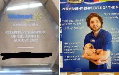 A side-by-side image: On the left, a Walmart “#STEPITUP Champion of the Month August 2022” plaque. On the right, a smiling man in a blue shirt holds a puppy in front of a “Permanent Employee of the Month” poster with funny quotes.