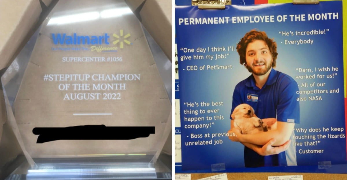 A side-by-side image: On the left, a Walmart “#STEPITUP Champion of the Month August 2022” plaque. On the right, a smiling man in a blue shirt holds a puppy in front of a “Permanent Employee of the Month” poster with funny quotes.