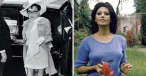 Left: A woman in a white hat, glasses, and light outfit steps out of a car. Right: A woman with dark hair in a blue sweater holds red roses outdoors, surrounded by greenery and flowers.