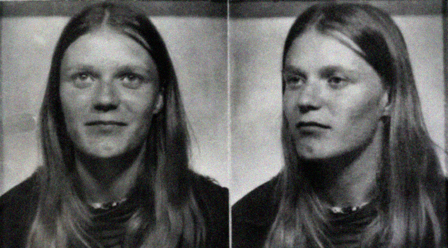 Black and white photo booth images of a young person with long hair, wearing a necklace. The left photo shows them looking up and smiling; the right photo shows a more neutral expression, looking slightly to the side.