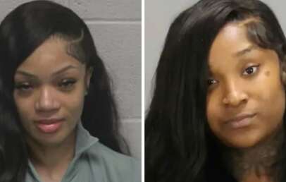 Two women with long dark hair are shown in side-by-side portrait photos against plain backgrounds, one wearing a zip-up top and the other with visible tattoos on her neck.