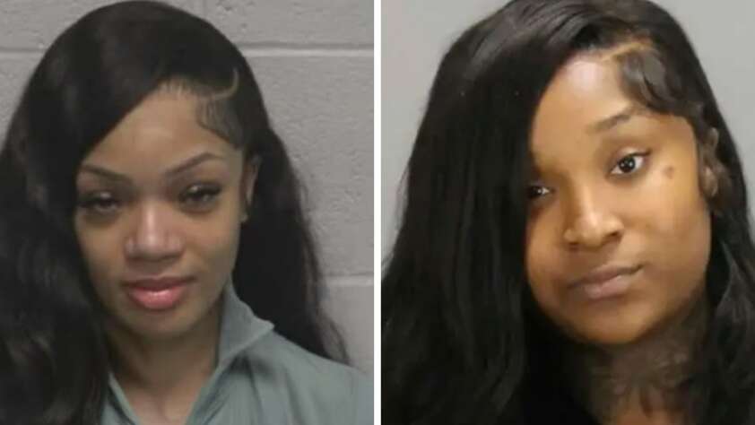 Two women with long dark hair are shown in side-by-side portrait photos against plain backgrounds, one wearing a zip-up top and the other with visible tattoos on her neck.