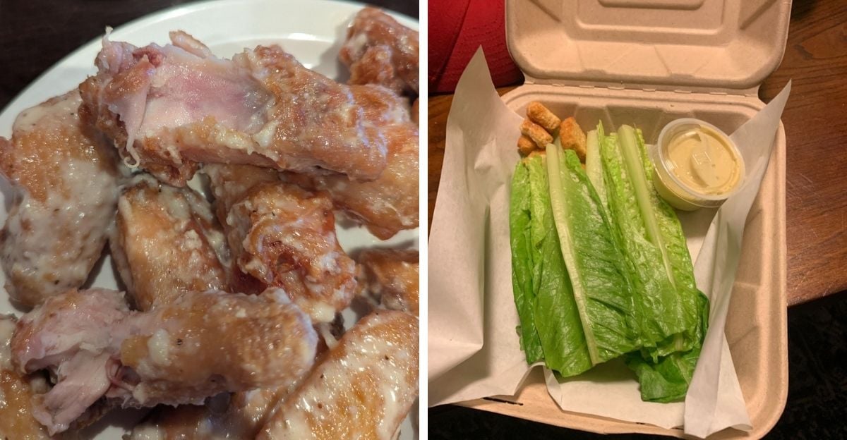 Left: A plate of undercooked chicken wings with visible pink meat. Right: A takeout container with romaine lettuce leaves, a few croutons, and a small cup of dressing, resembling a minimal Caesar salad.