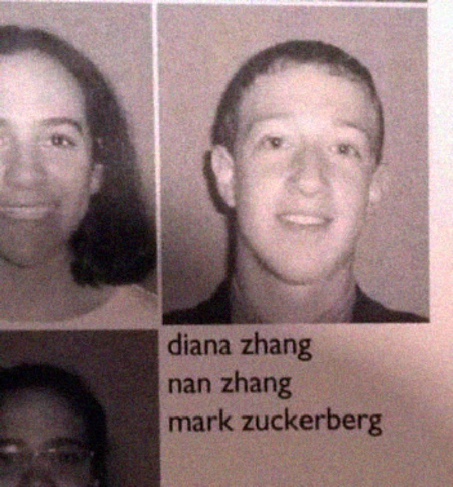 A yearbook page shows three black and white student portraits. The names listed are diana zhang, nan zhang, and mark zuckerberg, corresponding to the students shown in the images.