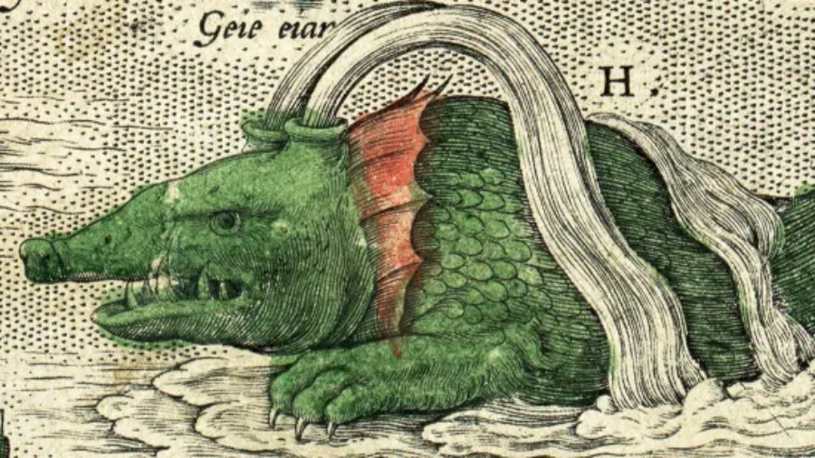A green, crocodile-like creature with scales, sharp teeth, and a red frill on its neck, shown partially submerged and adorned with two white, arching tusks or horns.