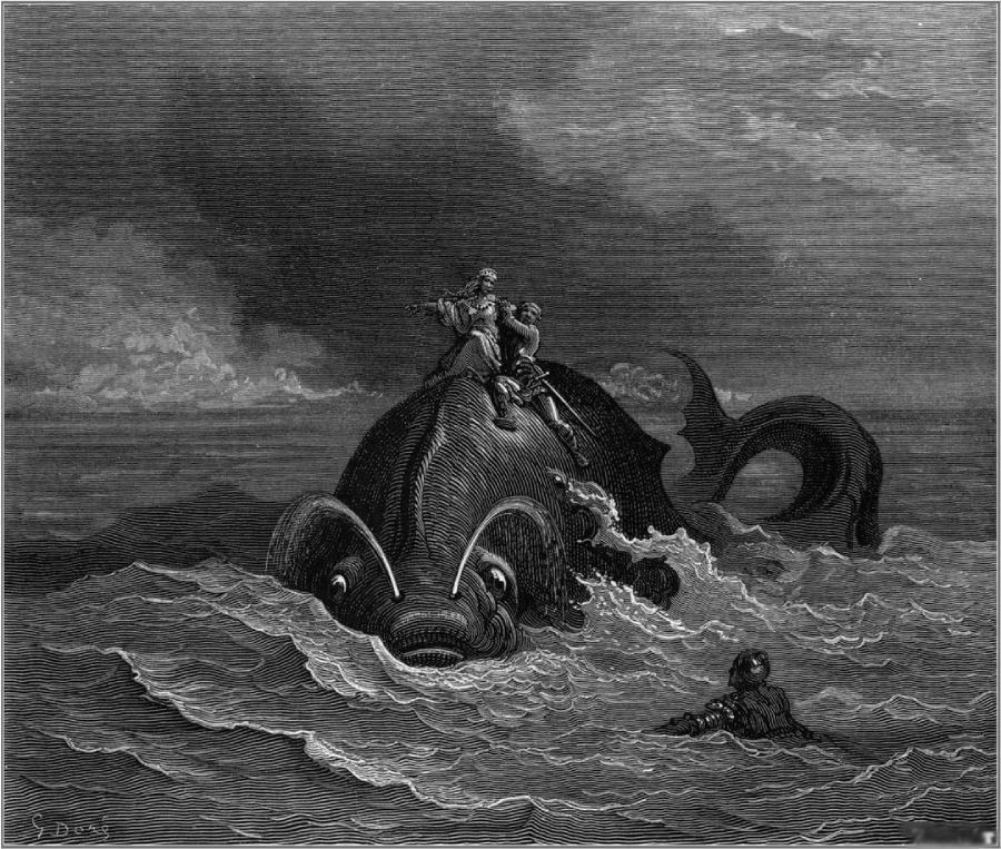 An old black-and-white illustration of two men standing on the back of a giant whale in rough waters, while another person swims nearby; dramatic clouds fill the sky.