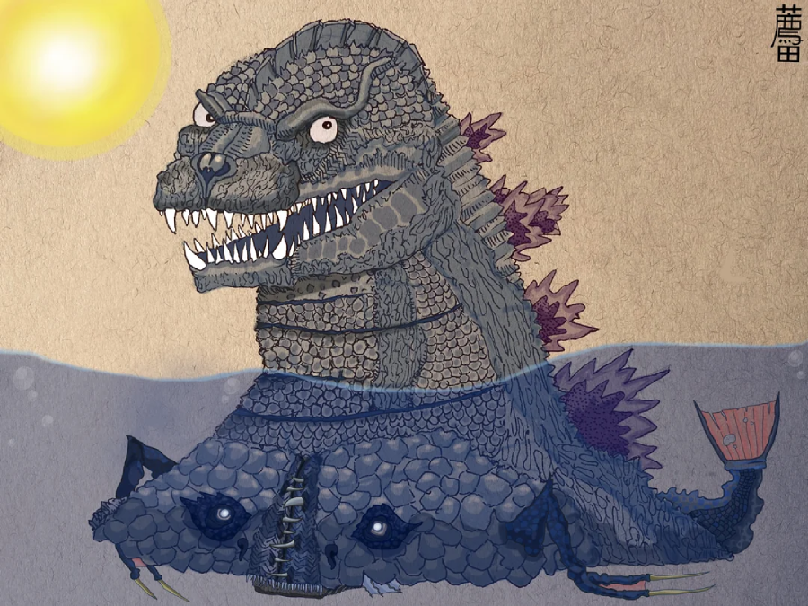 A large, scaly, dinosaur-like monster rises from the water under a bright sun, showing sharp teeth and purple back spikes. Below the surface, its full body stretches out, ending in a finned tail.