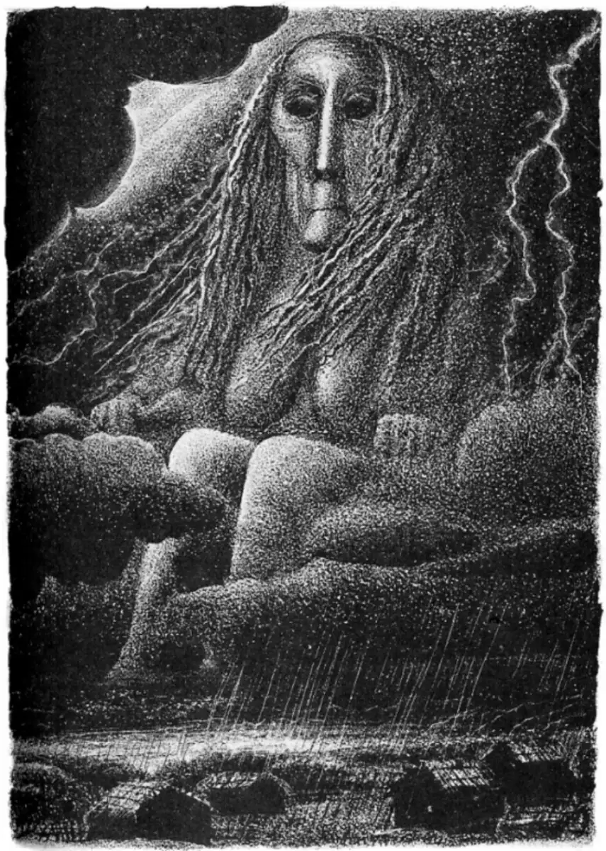 A large, ghostly figure with a mask-like face and long, wild hair sits among dark storm clouds above a rainy, lightning-lit landscape with small houses below.