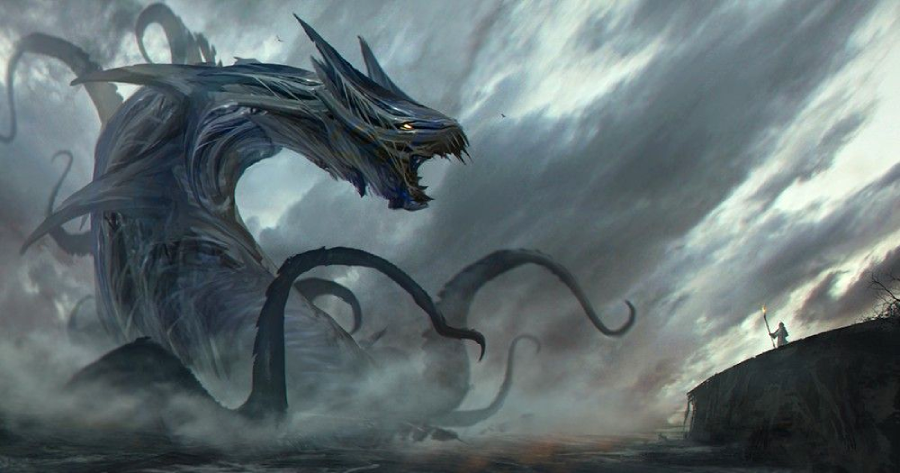 A dragon with tentacles and a man standing in the clouds