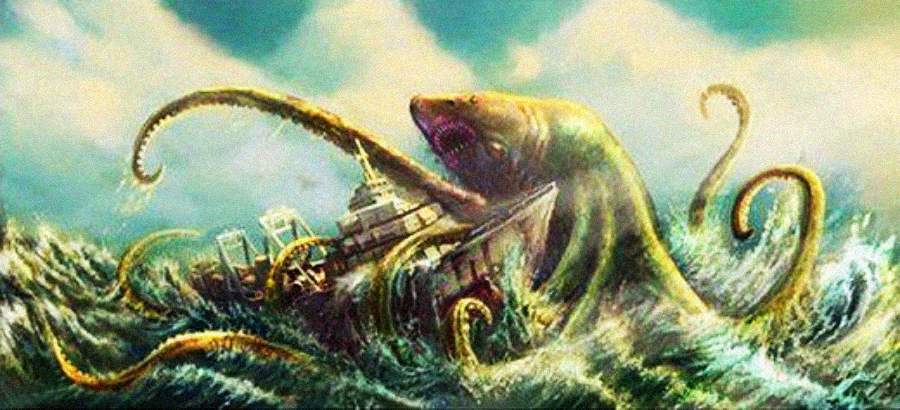 A giant sea creature with long tentacles attacks a ship in rough, choppy ocean waters under a cloudy sky.