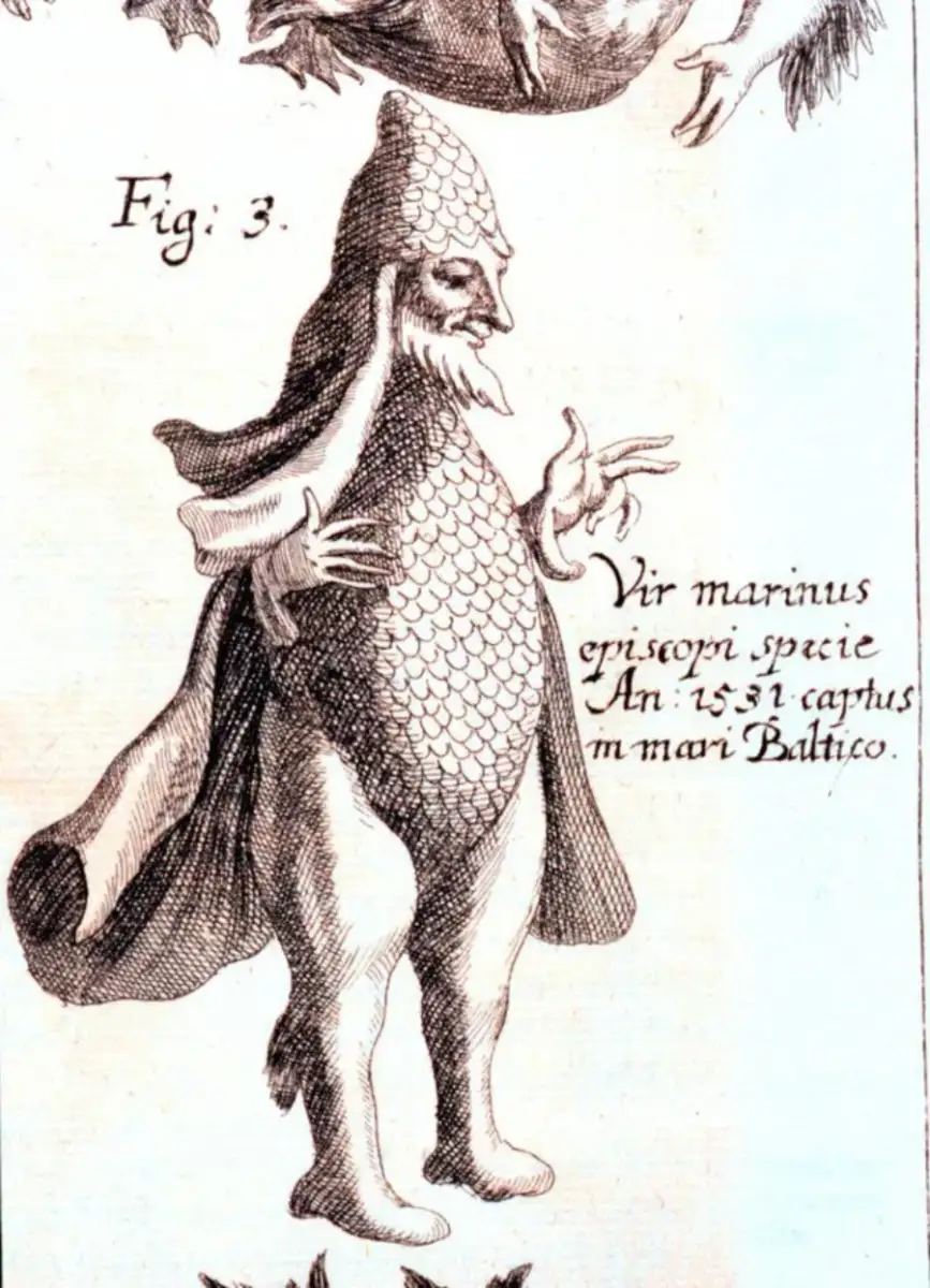 An old illustration of a mythical sea creature with a human-like body, fish scales, webbed feet, long fingers, a pointed hat, and a cape, labeled as “Vir marinus” and described in Latin text.