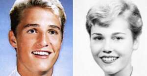 Side-by-side yearbook portraits of a young man with blond hair and a young woman with short, light hair, both smiling at the camera. The left image is in color; the right image is black and white.