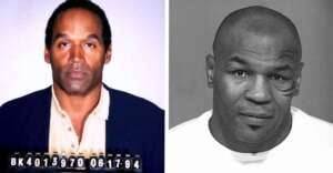 Side-by-side mugshots of two men: the left shows a man with short hair in a suit and a mugshot ID plate; the right shows a man with a facial tattoo wearing a plain shirt, looking slightly up.