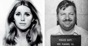 Two black-and-white photos side by side: on the left, a young woman with long hair looks directly at the camera; on the right, a man holding a police department sign smiles for a mugshot.