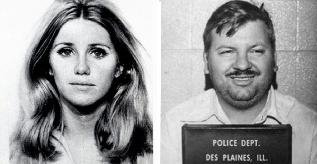 Two black-and-white photos side by side: on the left, a young woman with long hair looks directly at the camera; on the right, a man holding a police department sign smiles for a mugshot.