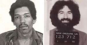 Side-by-side black-and-white photos: on the left, a man with short curly hair and a serious expression; on the right, a bearded man smiling in a mugshot labeled &ldquo;New Orleans, LA&rdquo; with numbers and the date 1-31-70.