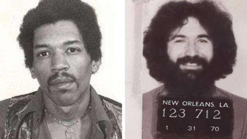 Side-by-side black-and-white photos: on the left, a man with short curly hair and a serious expression; on the right, a bearded man smiling in a mugshot labeled “New Orleans, LA” with numbers and the date 1-31-70.