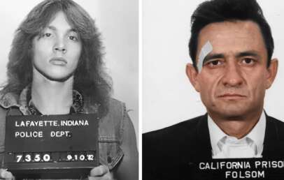 Split image: On the left, a young man with long hair holds a Lafayette, Indiana police sign. On the right, a man with short dark hair and a bandage above his eyebrow poses for a California Prison Folsom mugshot.