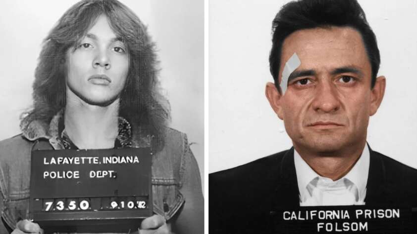 Split image: On the left, a young man with long hair holds a Lafayette, Indiana police sign. On the right, a man with short dark hair and a bandage above his eyebrow poses for a California Prison Folsom mugshot.