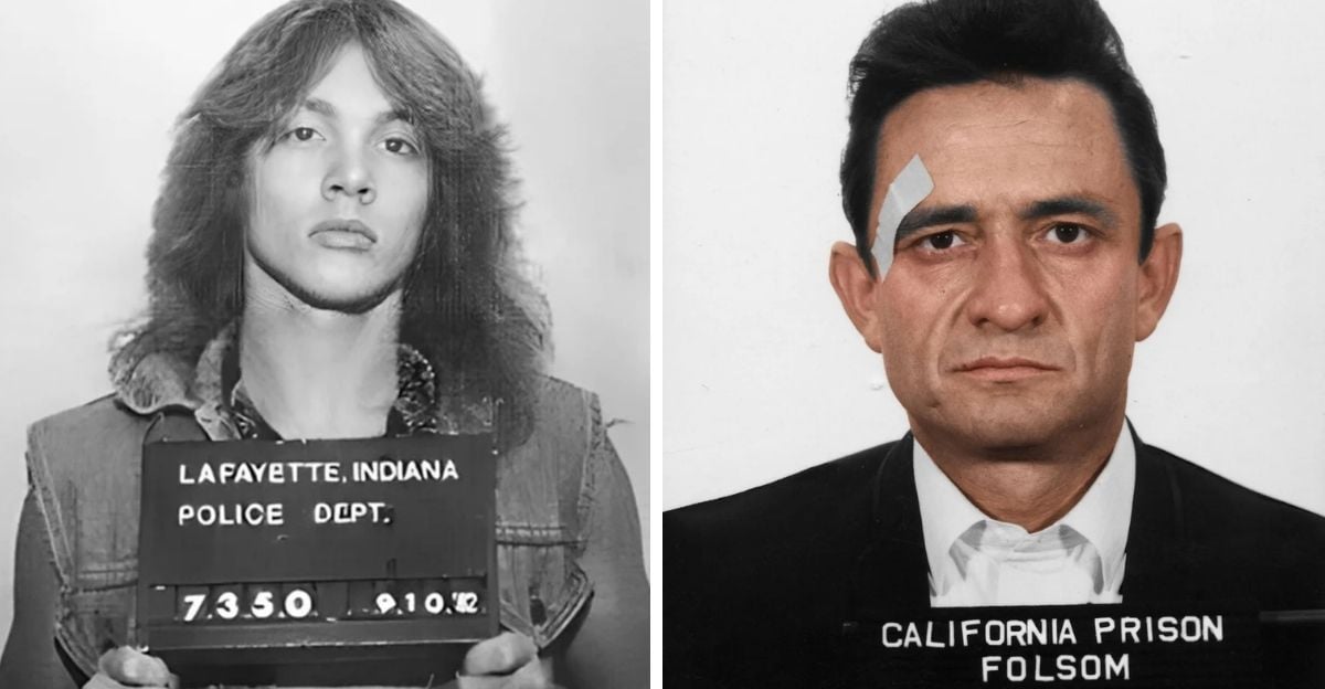 Split image: On the left, a young man with long hair holds a Lafayette, Indiana police sign. On the right, a man with short dark hair and a bandage above his eyebrow poses for a California Prison Folsom mugshot.
