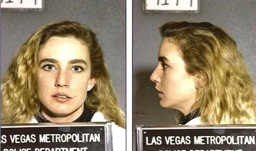 A young woman with long, wavy blonde hair is shown in front and profile mugshots, holding a placard labeled "Las Vegas Metropolitan Police Department." She has a neutral expression.