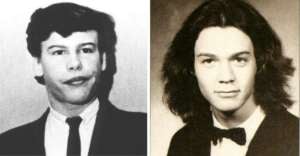 Two black-and-white yearbook photos side by side: on the left, a young man in a suit and tie with short hair; on the right, a young man with long hair wearing a tuxedo with a bow tie.