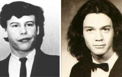 Two black-and-white yearbook photos side by side: on the left, a young man in a suit and tie with short hair; on the right, a young man with long hair wearing a tuxedo with a bow tie.