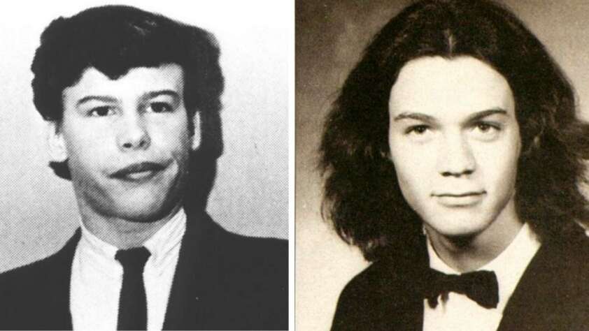 Two black-and-white yearbook photos side by side: on the left, a young man in a suit and tie with short hair; on the right, a young man with long hair wearing a tuxedo with a bow tie.
