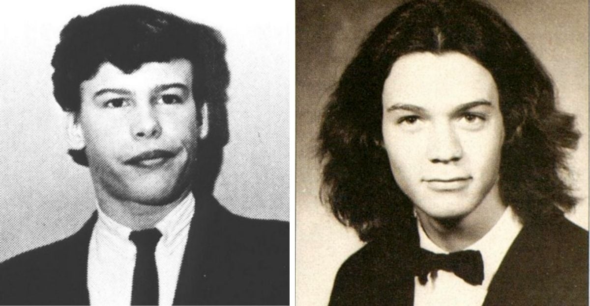 Two black-and-white yearbook photos side by side: on the left, a young man in a suit and tie with short hair; on the right, a young man with long hair wearing a tuxedo with a bow tie.
