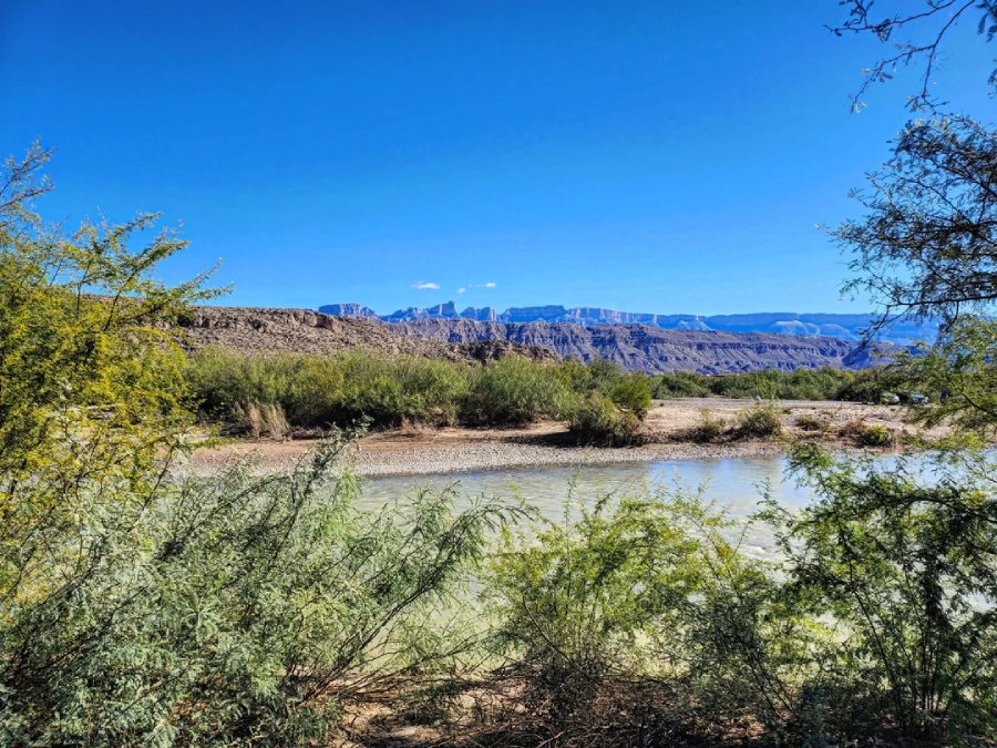 A river flows through dense green shrubs and trees, with rocky mountains and a clear blue sky in the background.