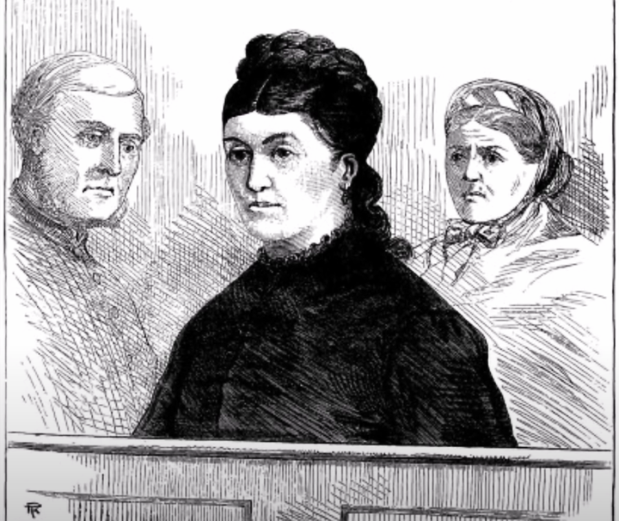 A black and white drawing of three serious-faced people, two women and one man, standing closely together; the woman in the center wears dark clothing and has her hair pulled back.